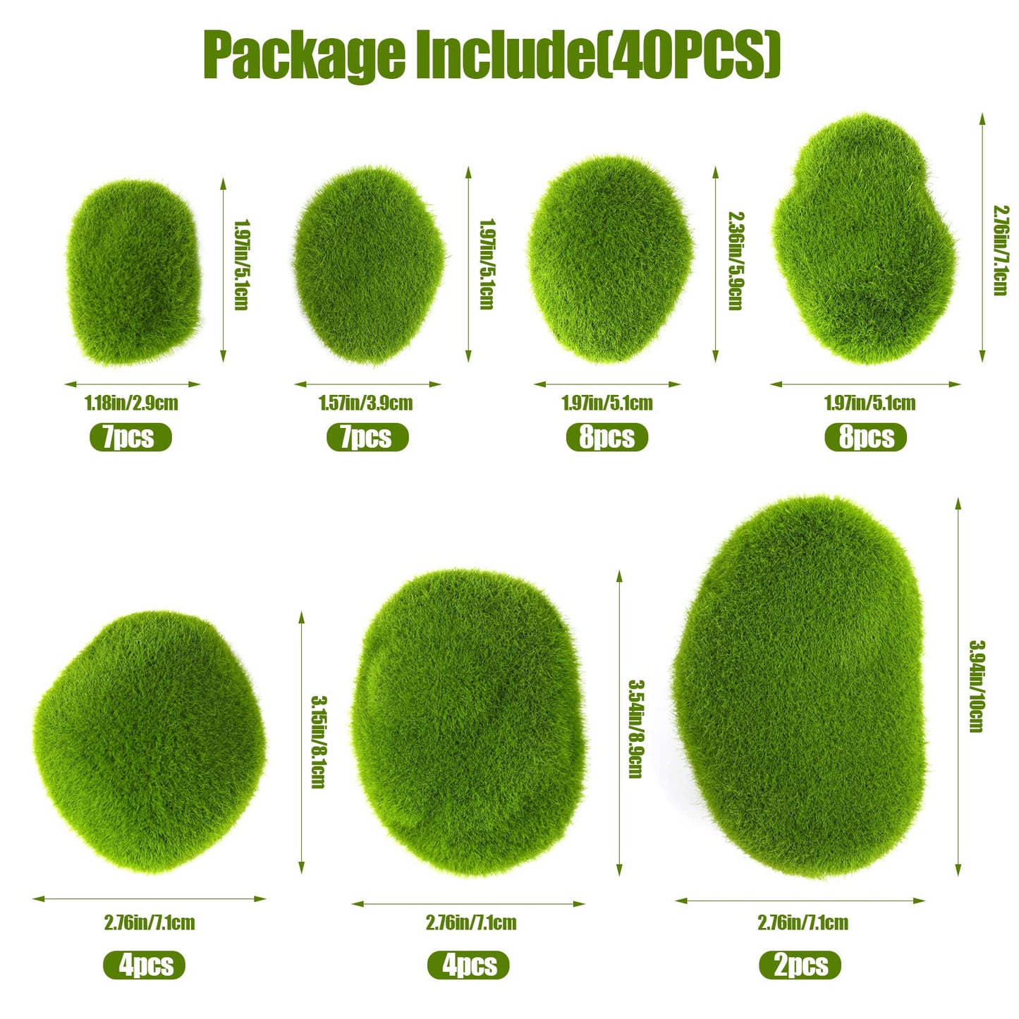 40pcs Green Moss Rocks Set in 7 Sizes for Decor and Landscaping