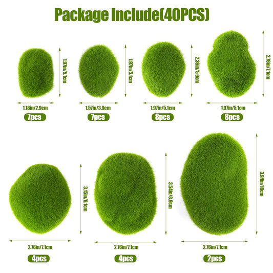 40pcs Green Moss Rocks Set in 7 Sizes for Decor and Landscaping