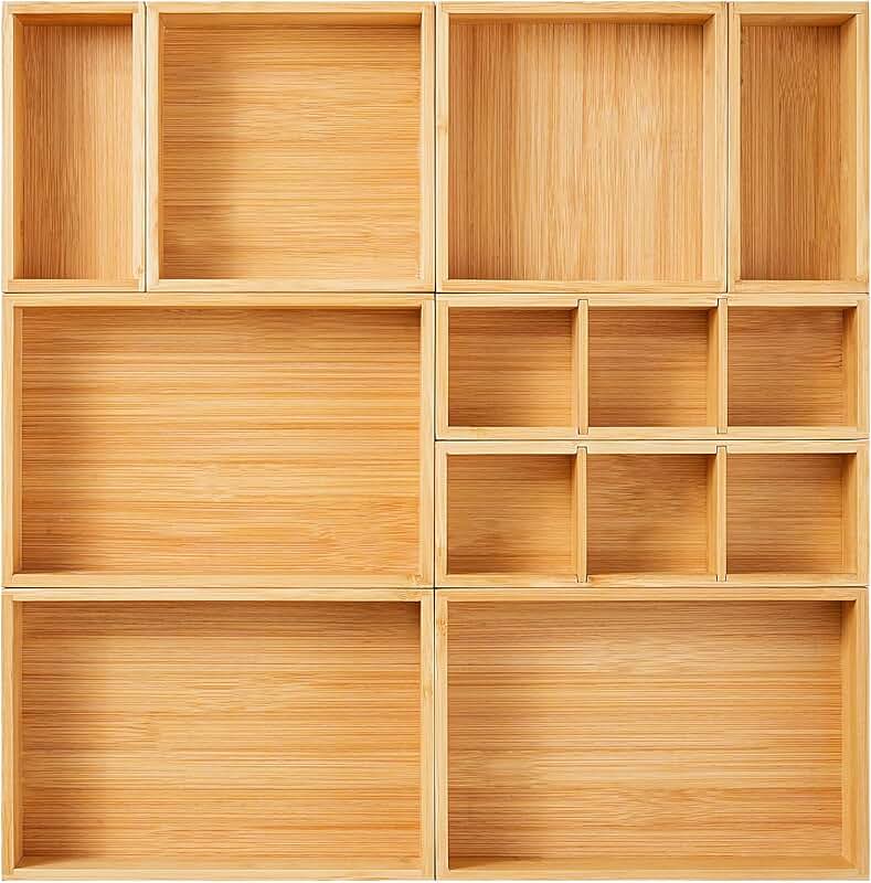Set of 9 Bamboo Drawer Organizer Boxes