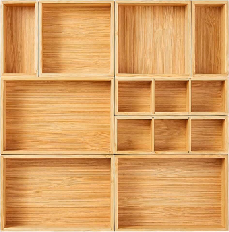 Set of 9 Bamboo Drawer Organizer Boxes