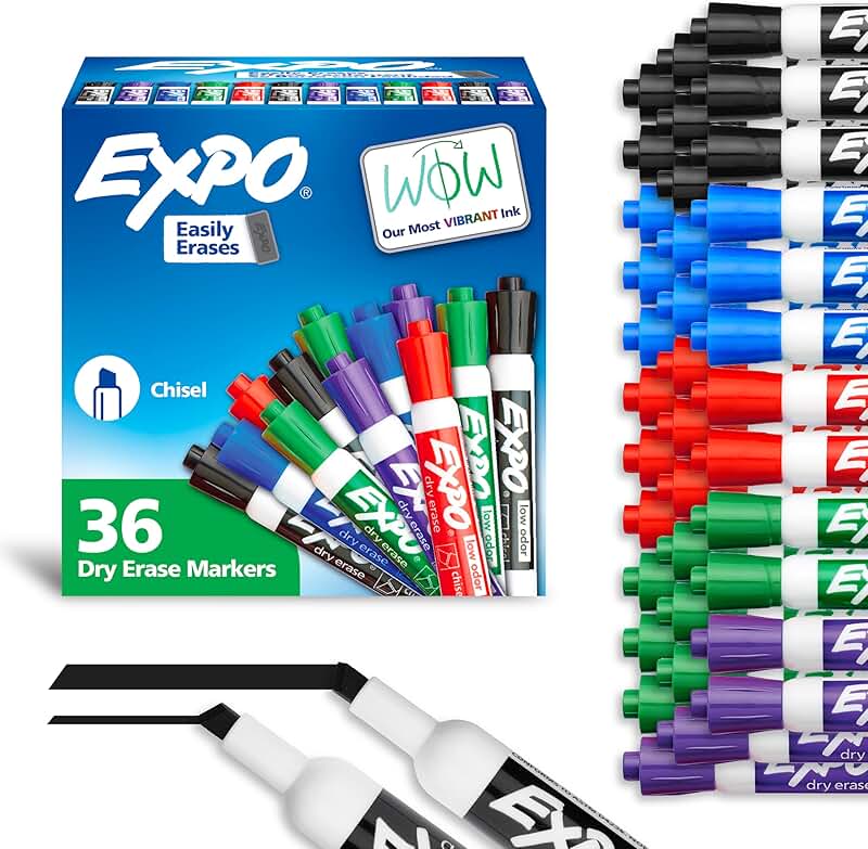 Low Odor Dry Erase Markers, Assorted Colors, Pack of 36