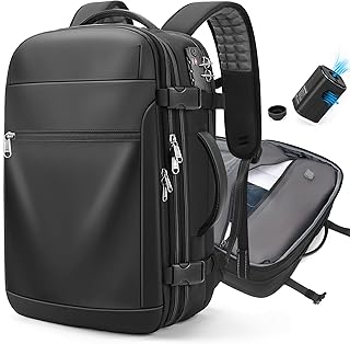 Expandable water-resistant travel backpack with vacuum pump