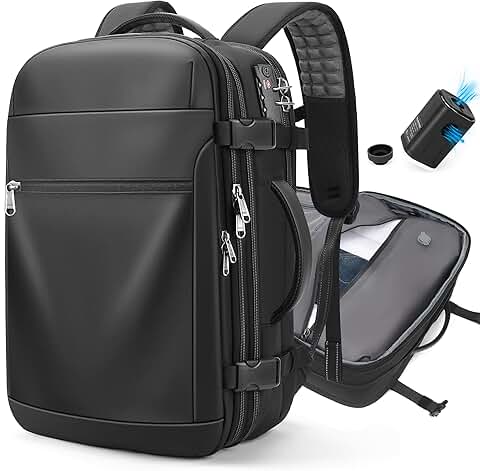Expandable water-resistant travel backpack with vacuum pump