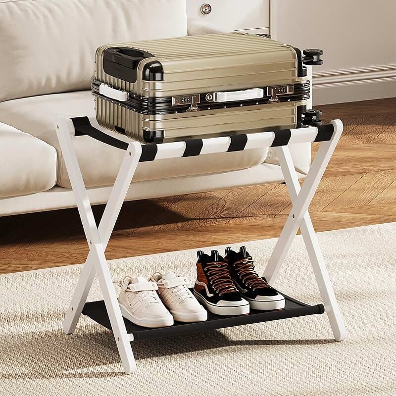 Foldable Bamboo Luggage Rack with Shelf