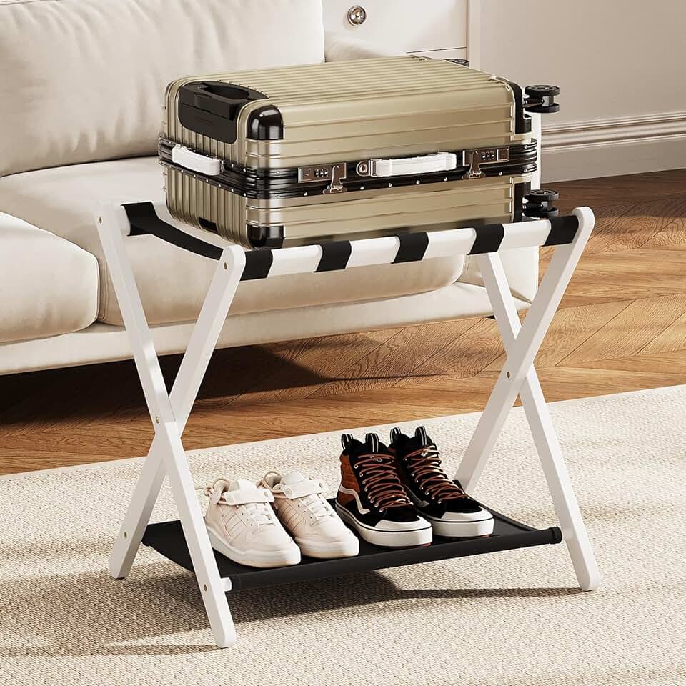 Foldable Bamboo Luggage Rack with Shelf