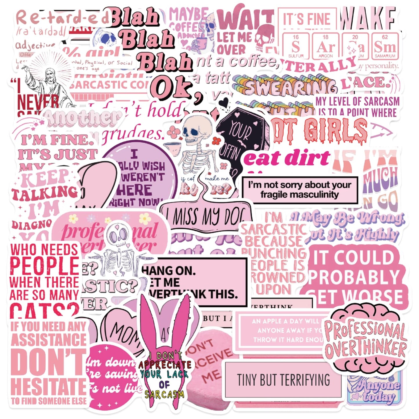 50 Pink Funny Sarcastic Stickers for Adults