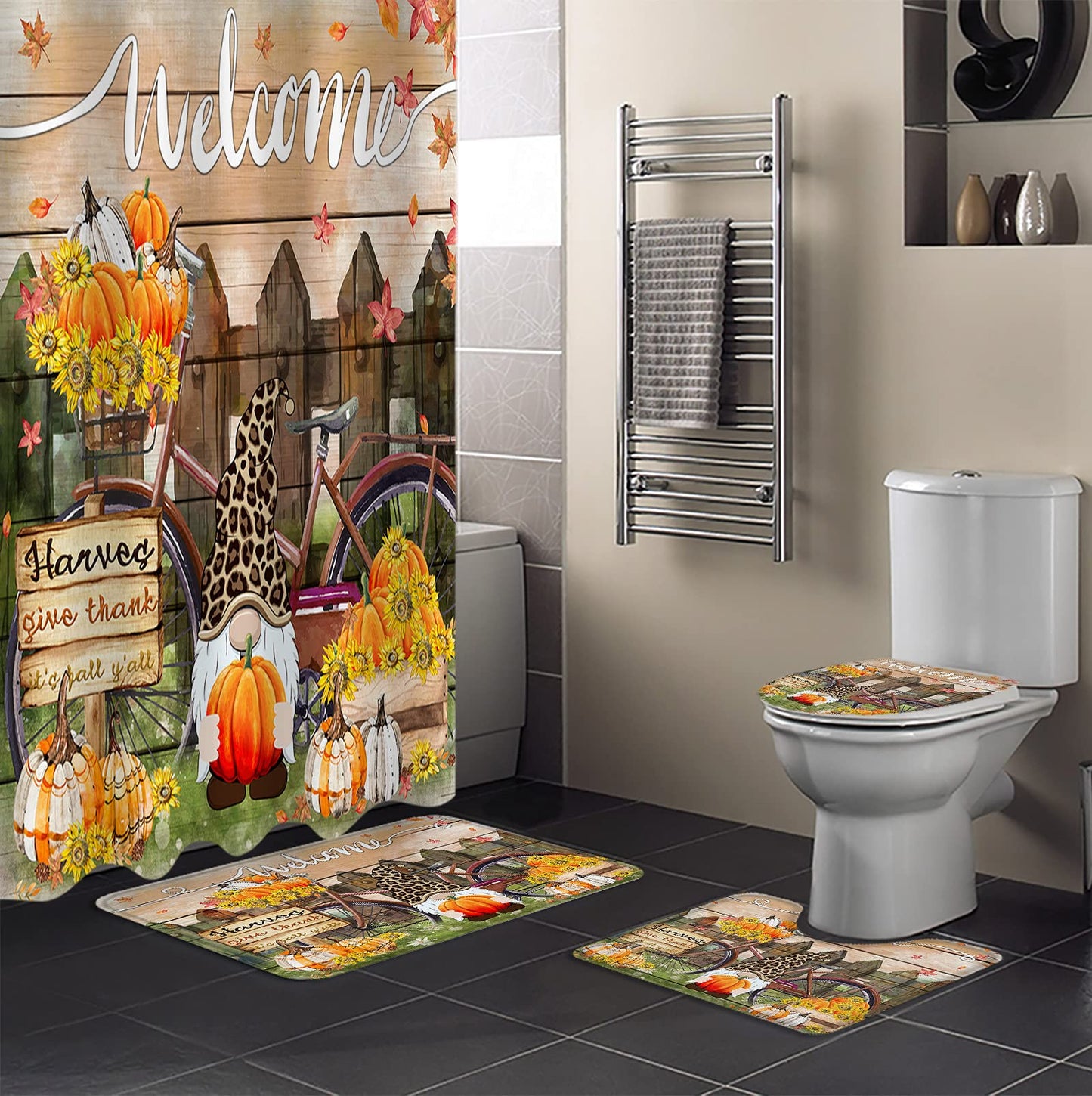 Thanksgiving Dwarfs Fall Harvest Pumpkin Shower Curtain Set 4 Pieces, Tet Lid Covers, Non- Floor Doormat Bath Rug, U-Shaped Carpat, Autumn Farm Fence Bathroom Accessories
