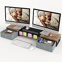 Large Wooden Dual Monitor Stand with Drawers for Home Office