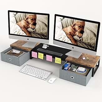 Large Wooden Dual Monitor Stand with Drawers for Home Office