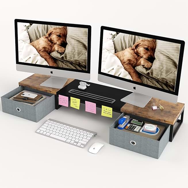 Large Wooden Dual Monitor Stand with Drawers for Home Office