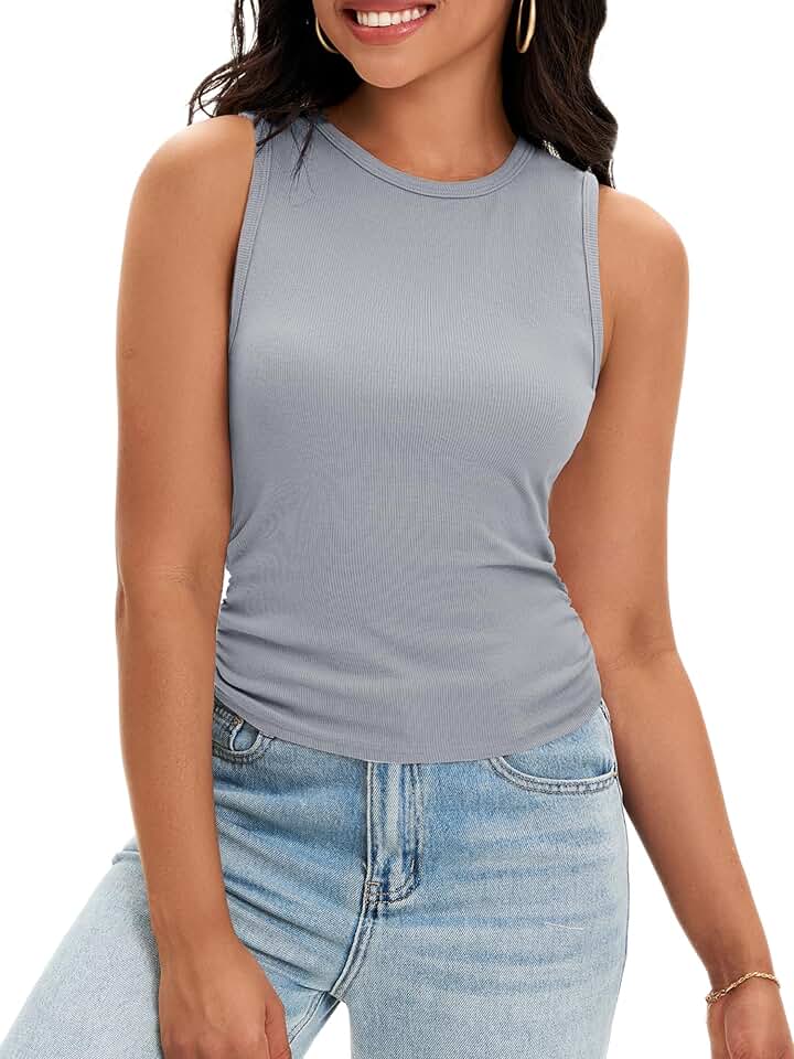 Women's Summer Sleeveless Ribbed High Neck Tank Top
