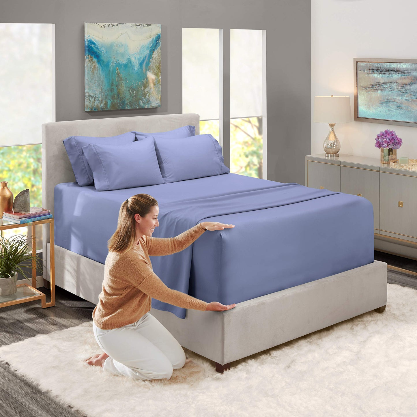 Extra Deep Pocket Queen Sheets Set  6 PC Soft Microfiber Queen Sheets Deep Pocket  Fade Resistant Bedding Sheets  Pillowcases  Queen, Steel Blue