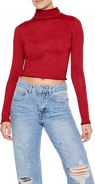 Women's Glitter Knit Turtleneck Crop Top