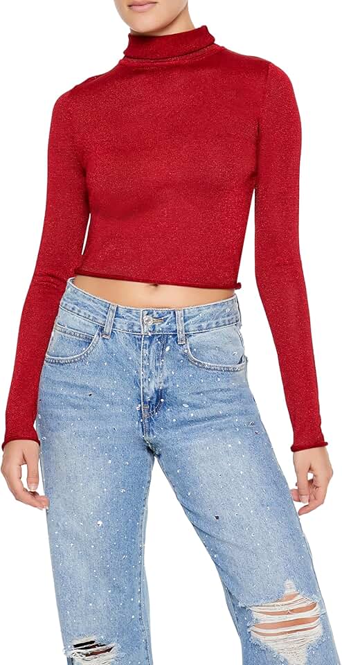 Women's Glitter Knit Turtleneck Crop Top