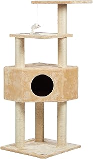 Full Sisal Covered Corner Cat Tree with Toy in Beige