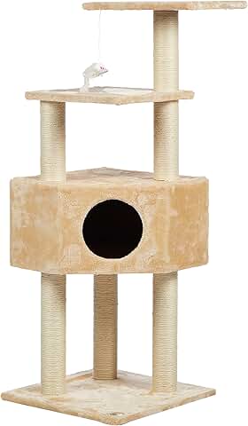 Full Sisal Covered Corner Cat Tree with Toy in Beige