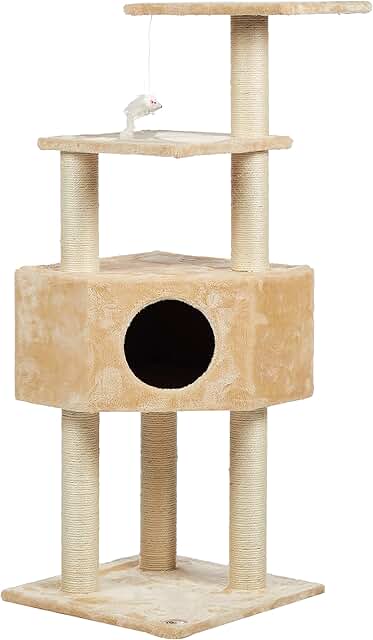 Full Sisal Covered Corner Cat Tree with Toy in Beige
