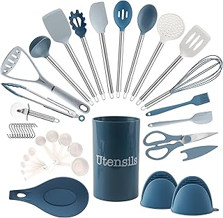 38-Piece Silicone Kitchen Utensil Set in Blue and White