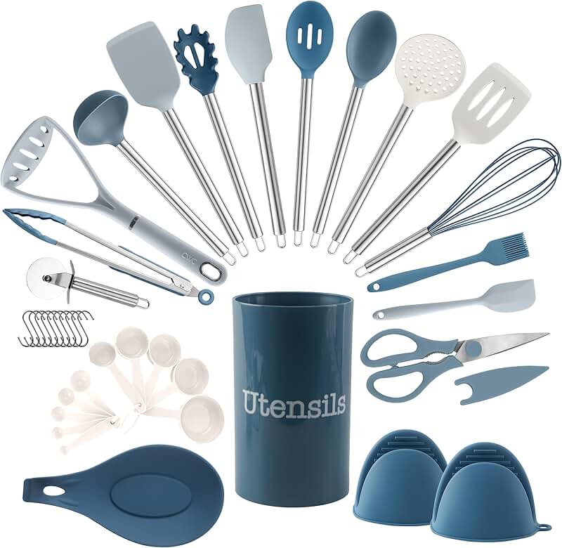 38-Piece Silicone Kitchen Utensil Set in Blue and White