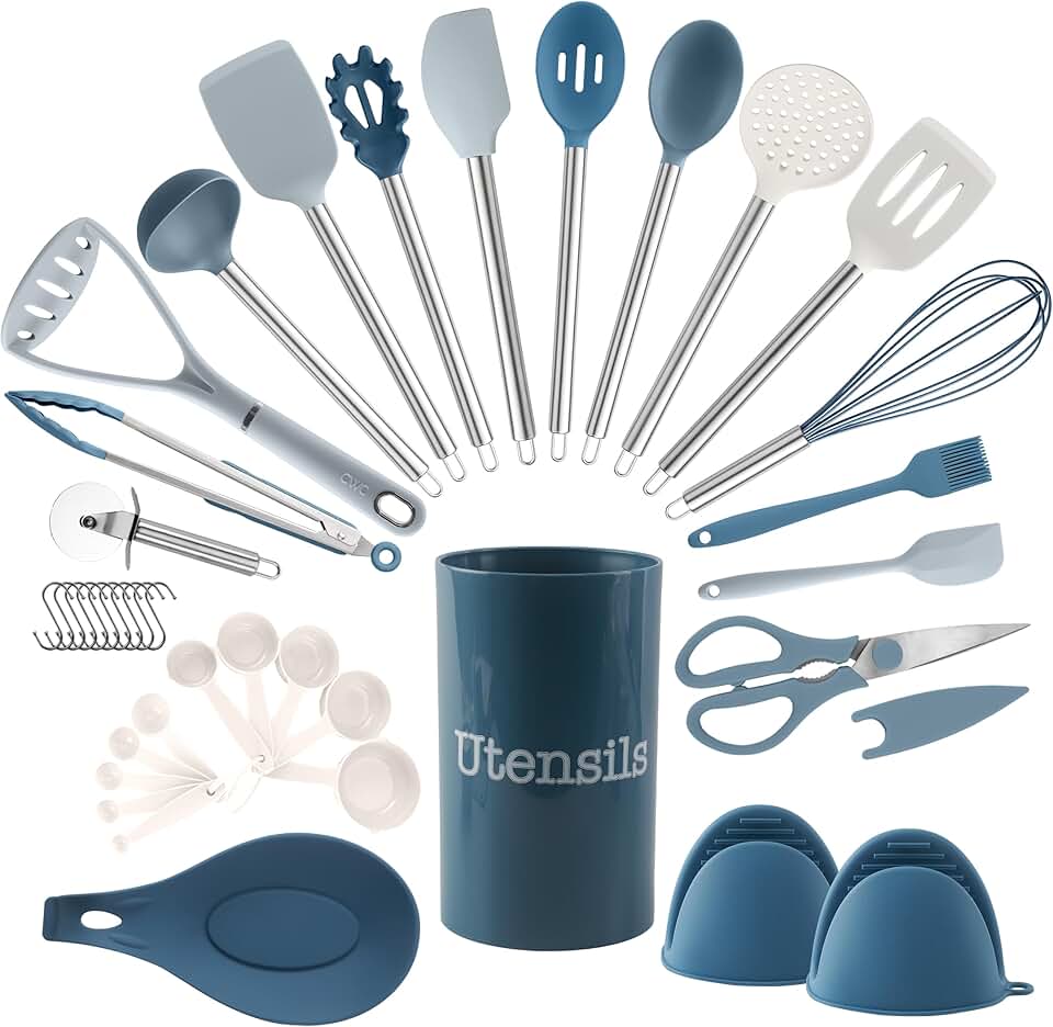 38-Piece Silicone Kitchen Utensil Set in Blue and White