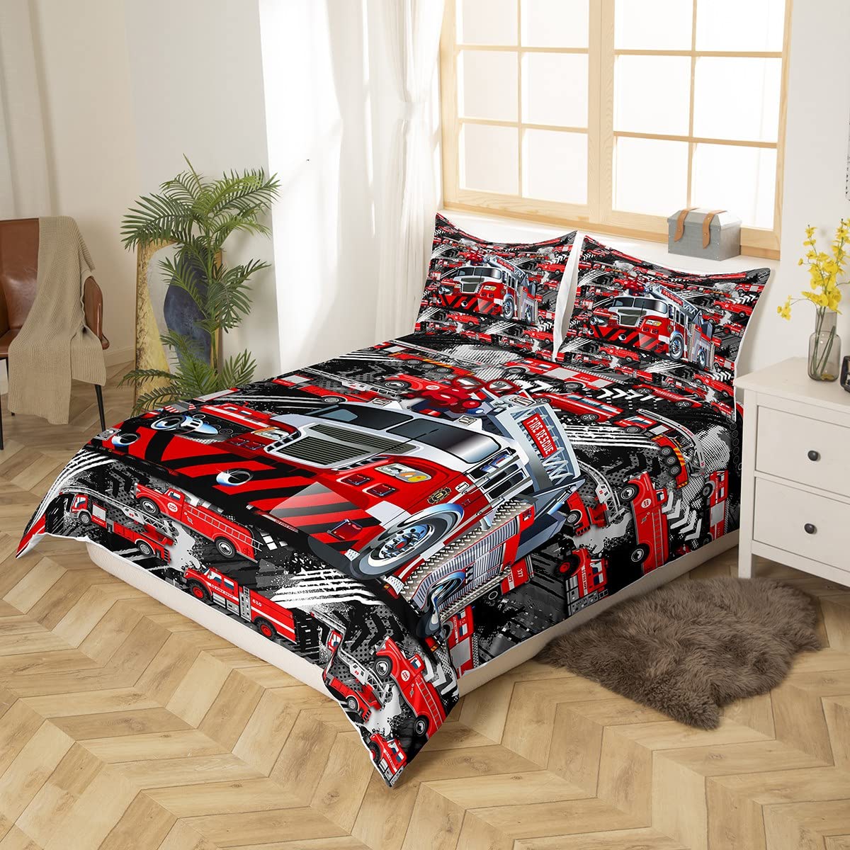 Truck Bedding Set Queen,Red Engine Comforter Cover for Boys Girls,Kids Car Vehicle Print Duvet Cover Set Fighting Truck Bedspread Cover Fashion Teens Bedroom Decor 3 Pcs Bed
