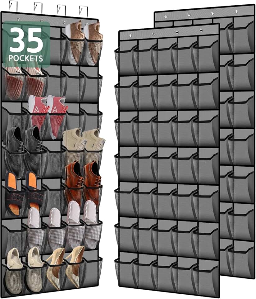 35-Pocket Over-the-Door Shoe Organizer, Breathable Mesh, 2-Pack