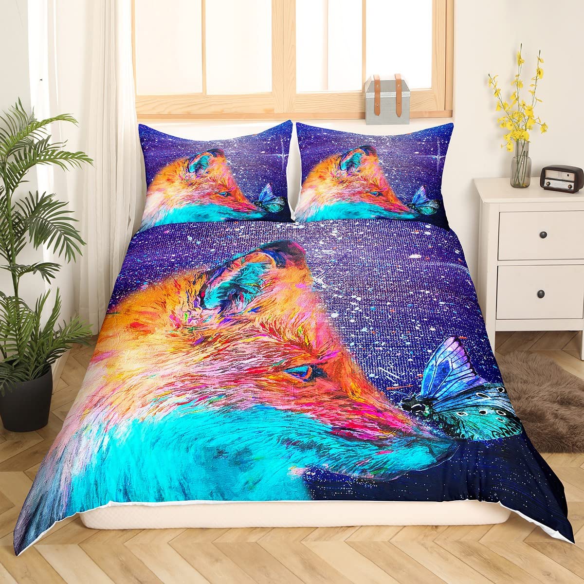 Fox Print Bedding Set Cartoon Fox Butterfly Comforter Cover for Kids Adult 3D Animal Theme Purple axy Painting Duvet Cover Bedspread Cover Room Decor 3Pcs with 2 Pillow Case King Size