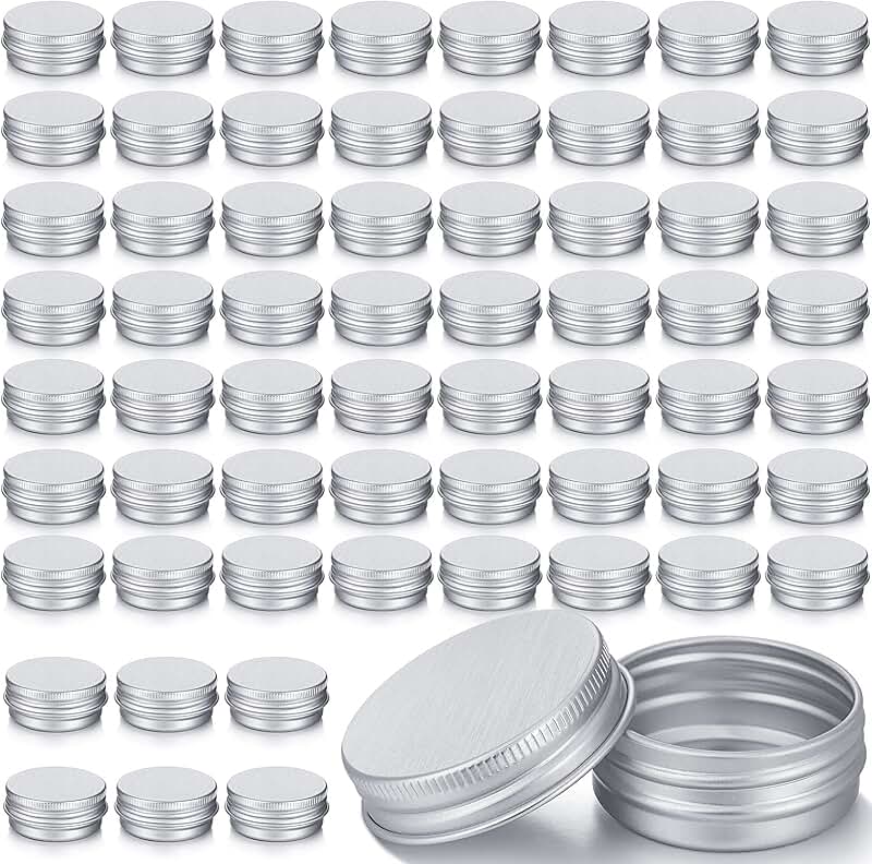 64 Silver Lip Balm Tin Containers with Screw Lids