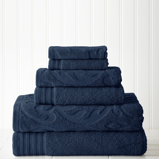 6-Piece, 2 Bath Towels, 2 Hand Towels, 2 Washcloths, Medallion Jacquard/Solid Ultra Soft 550GSM 100% Combed Cotton Towel Set Denim