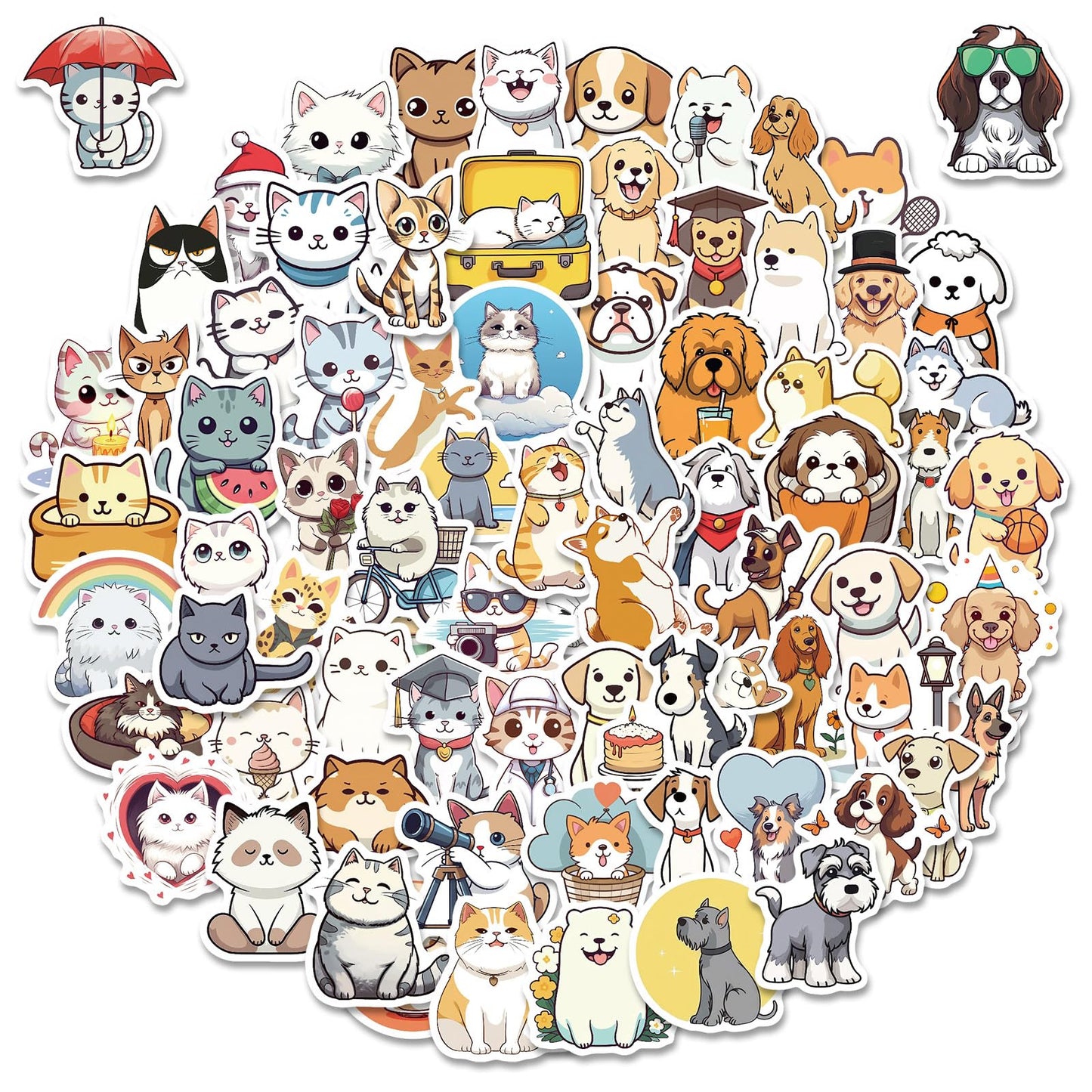 100 Waterproof Cat and Dog Stickers for Kids and Adults
