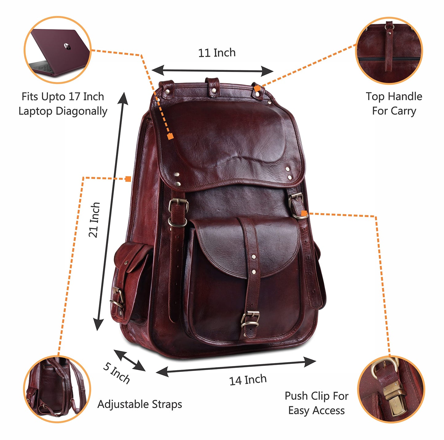 Vintage Full Grain 21 Inch Leather Laptop LARGE Backpack Casual Bookbag Daypack Camping Travel Rucksack Knapsack
