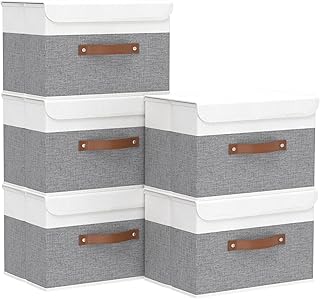 Set of 5 Linen Fabric Storage Bins with Handles