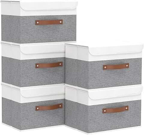 Set of 5 Linen Fabric Storage Bins with Handles