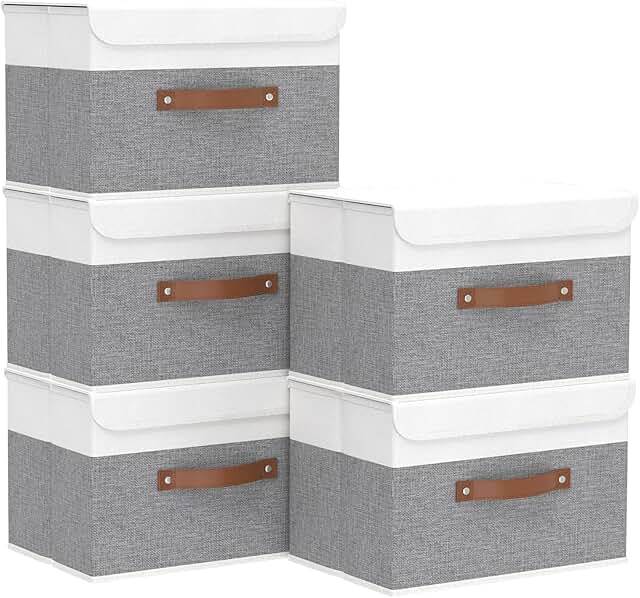 Set of 5 Linen Fabric Storage Bins with Handles