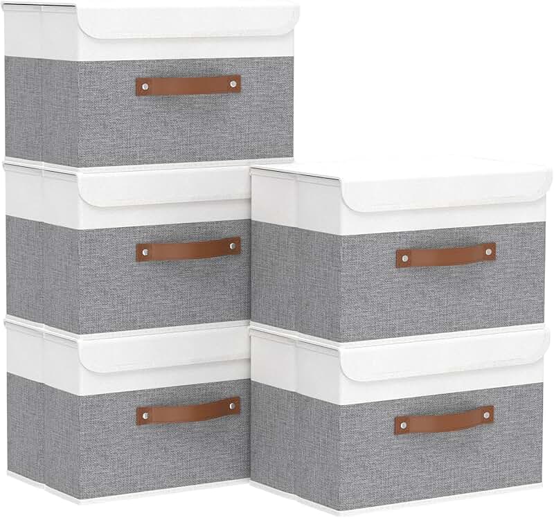 Set of 5 Linen Fabric Storage Bins with Handles
