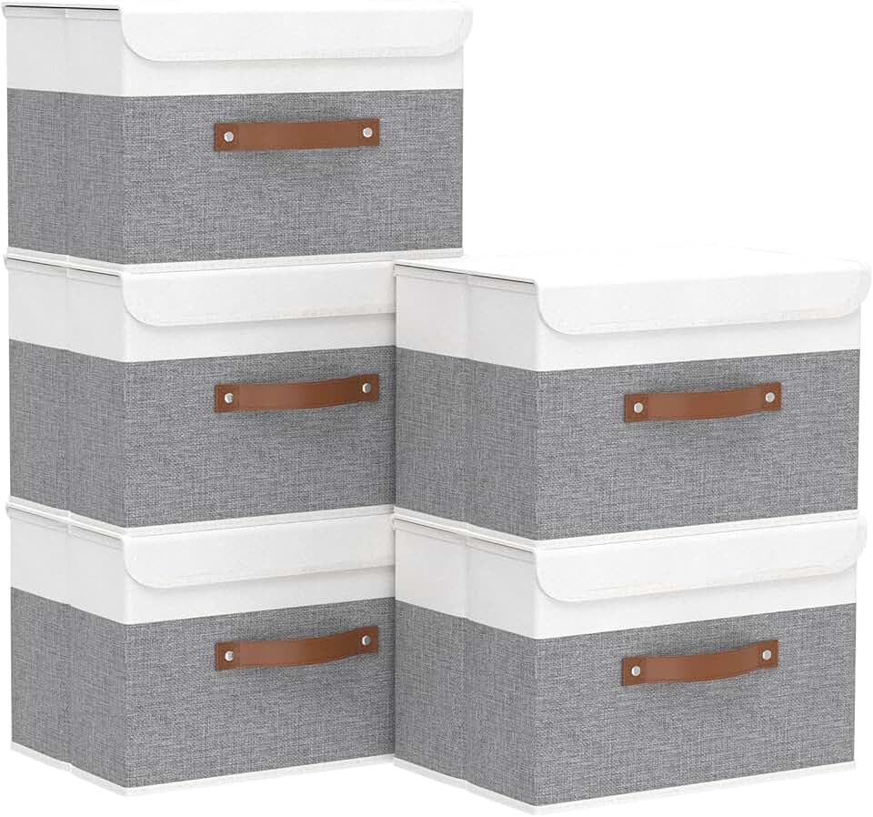 Set of 5 Linen Fabric Storage Bins with Handles