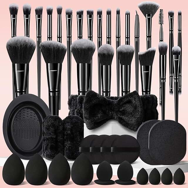 47-Piece Black Makeup Brush Set for Face and Eyes
