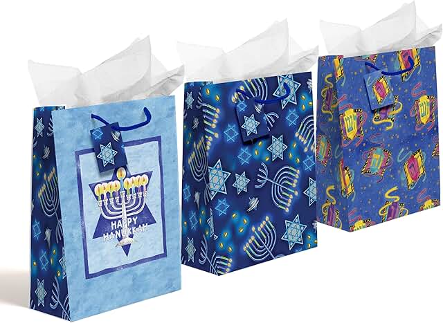 12 Hanukkah Gift Bags with Hang Tags and Festive Designs
