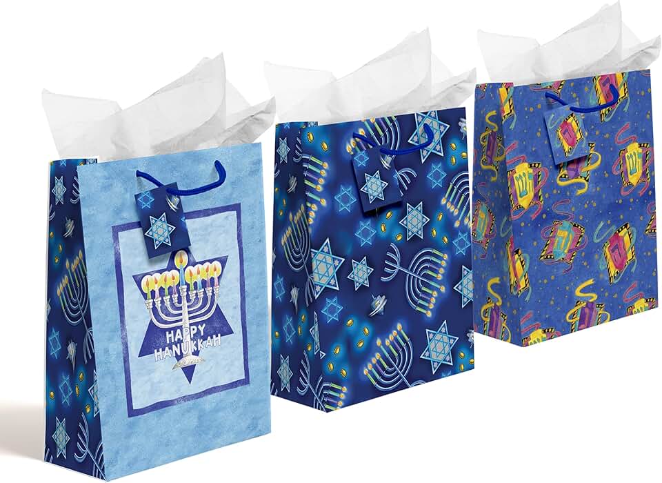 12 Hanukkah Gift Bags with Hang Tags and Festive Designs