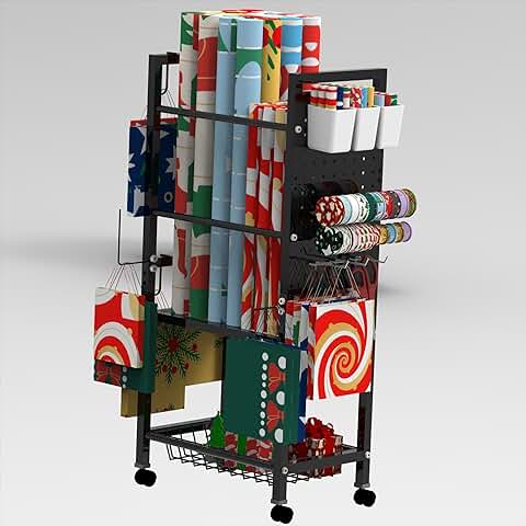 Rolling Gift Wrap Organizer with Baskets and Hooks