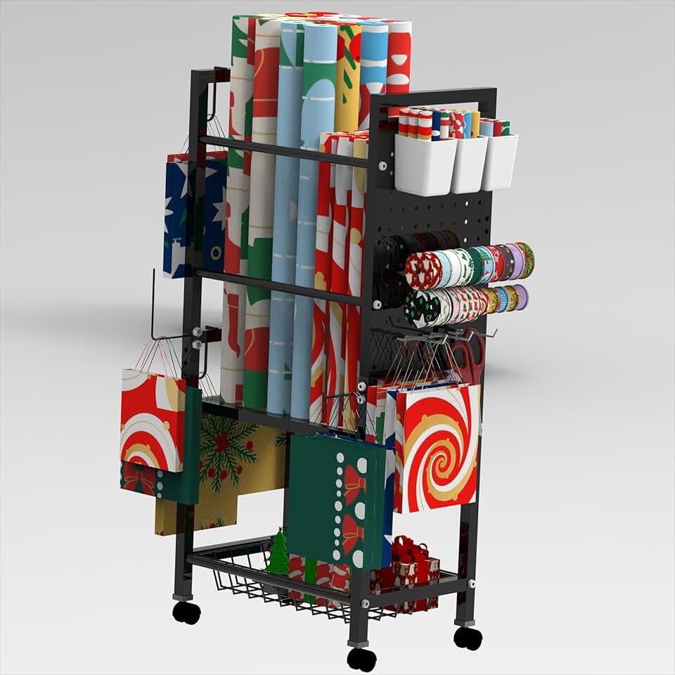Rolling Gift Wrap Organizer with Baskets and Hooks