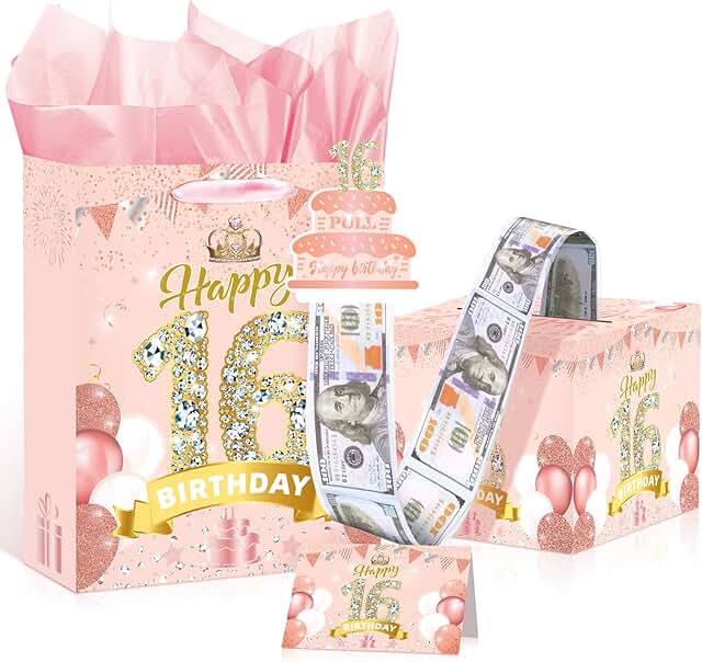 Pink Rose Gold 16th Birthday Money Box and Gift Bag
