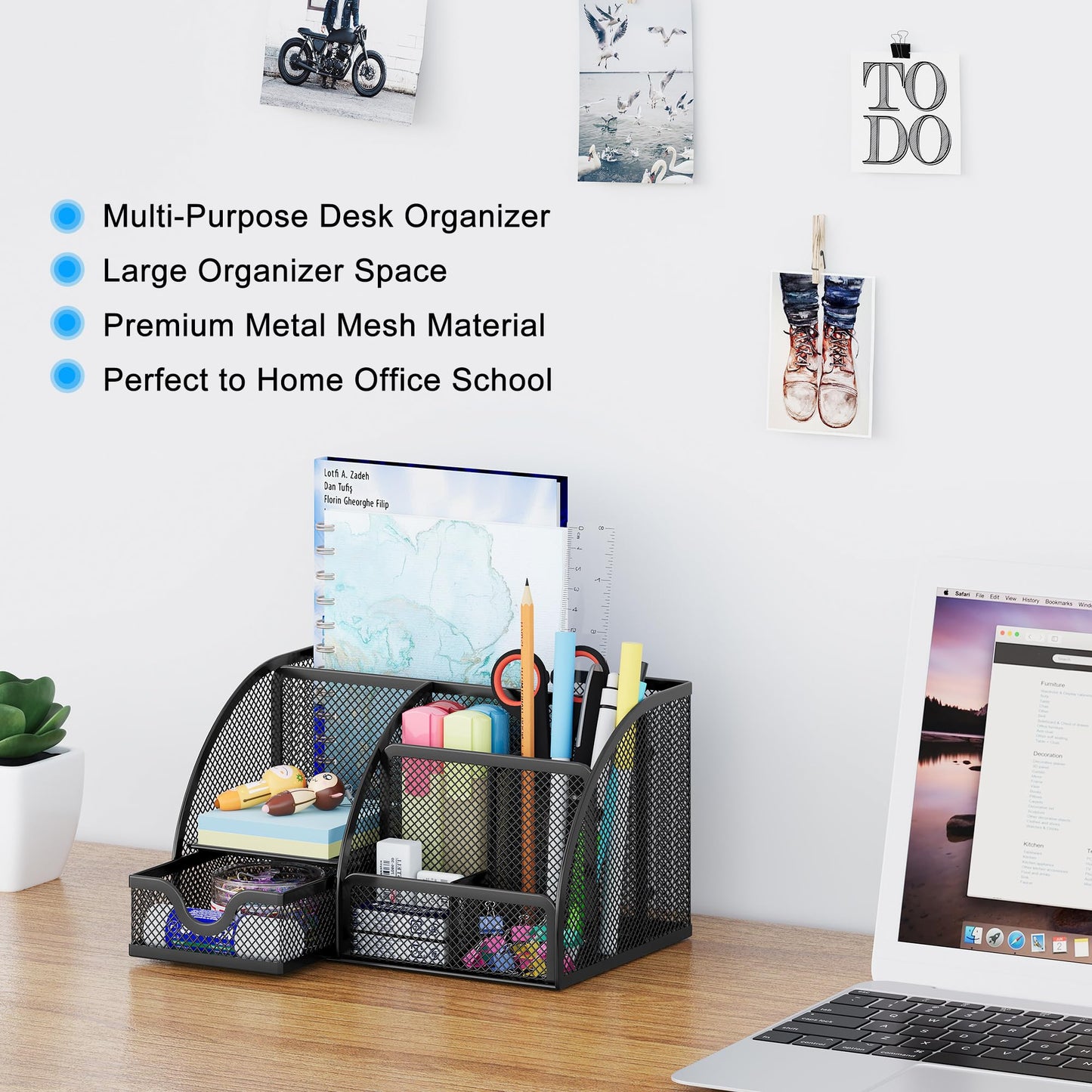 Mesh desk organizer with drawer and six compartments