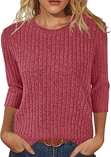 Women's 3/4 Sleeve Round Neck Loose Sweater