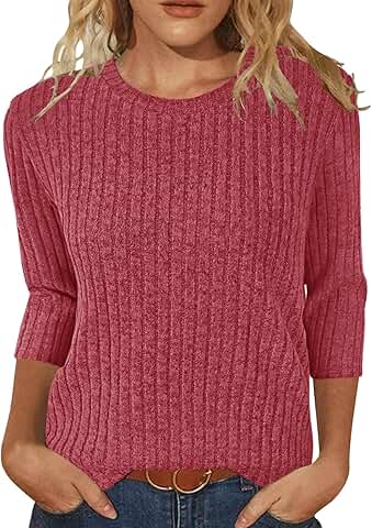 Women's 3/4 Sleeve Round Neck Loose Sweater