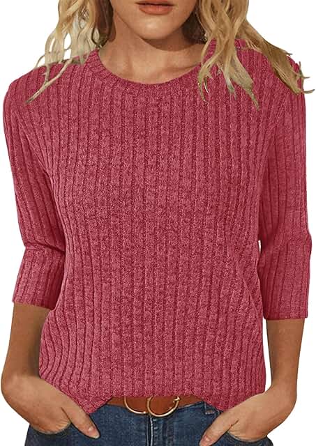 Women's 3/4 Sleeve Round Neck Loose Sweater