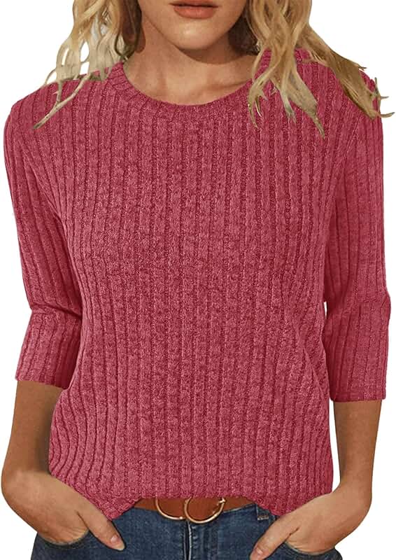 Women's 3/4 Sleeve Round Neck Loose Sweater