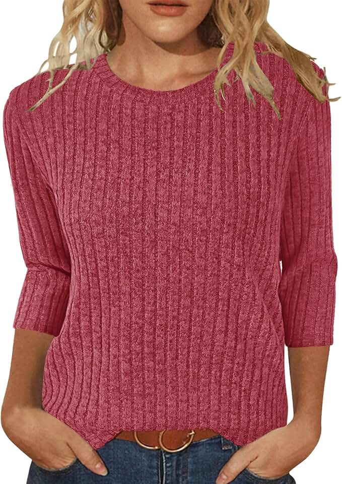Women's 3/4 Sleeve Round Neck Loose Sweater