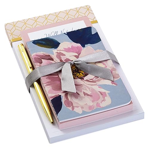 Set of three pink notepads with gold pen