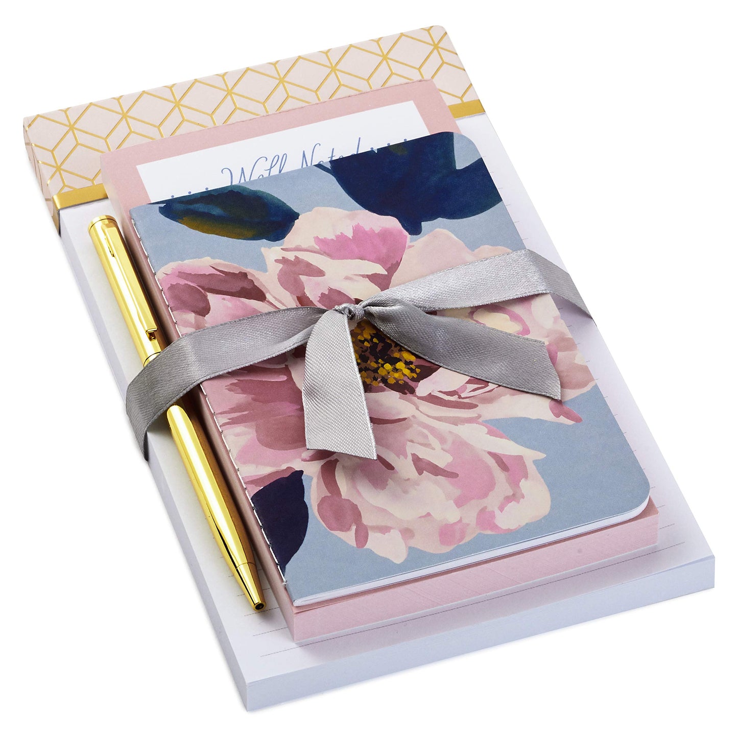 Set of three pink notepads with gold pen